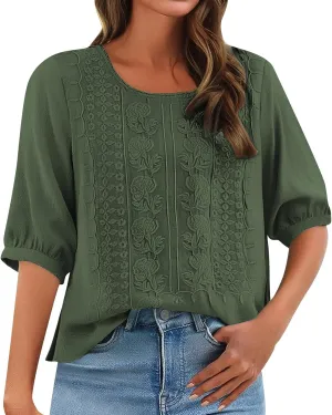 Women's 3/4 Sleeve Cotton Linen Jacquard Blouses Top T-Shirt 2025 Loose Fit Crew Neck Floral Embroidery Ruched Shirt