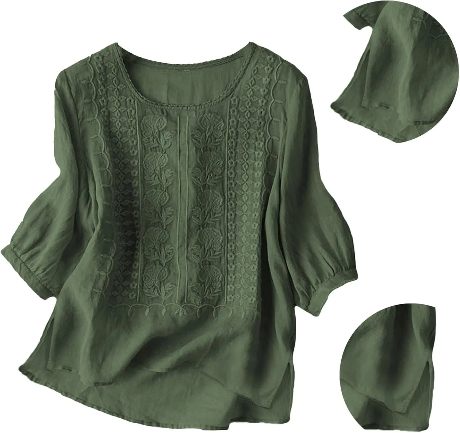 Women's 3/4 Sleeve Cotton Linen Jacquard Blouses Top T-Shirt 2025 Loose Fit Crew Neck Floral Embroidery Ruched Shirt