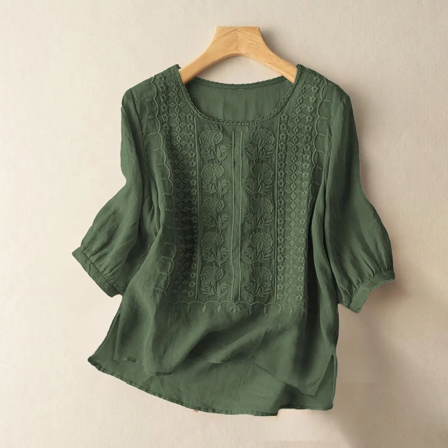 Women's 3/4 Sleeve Cotton Linen Jacquard Blouses Top T-Shirt 2025 Loose Fit Crew Neck Floral Embroidery Ruched Shirt