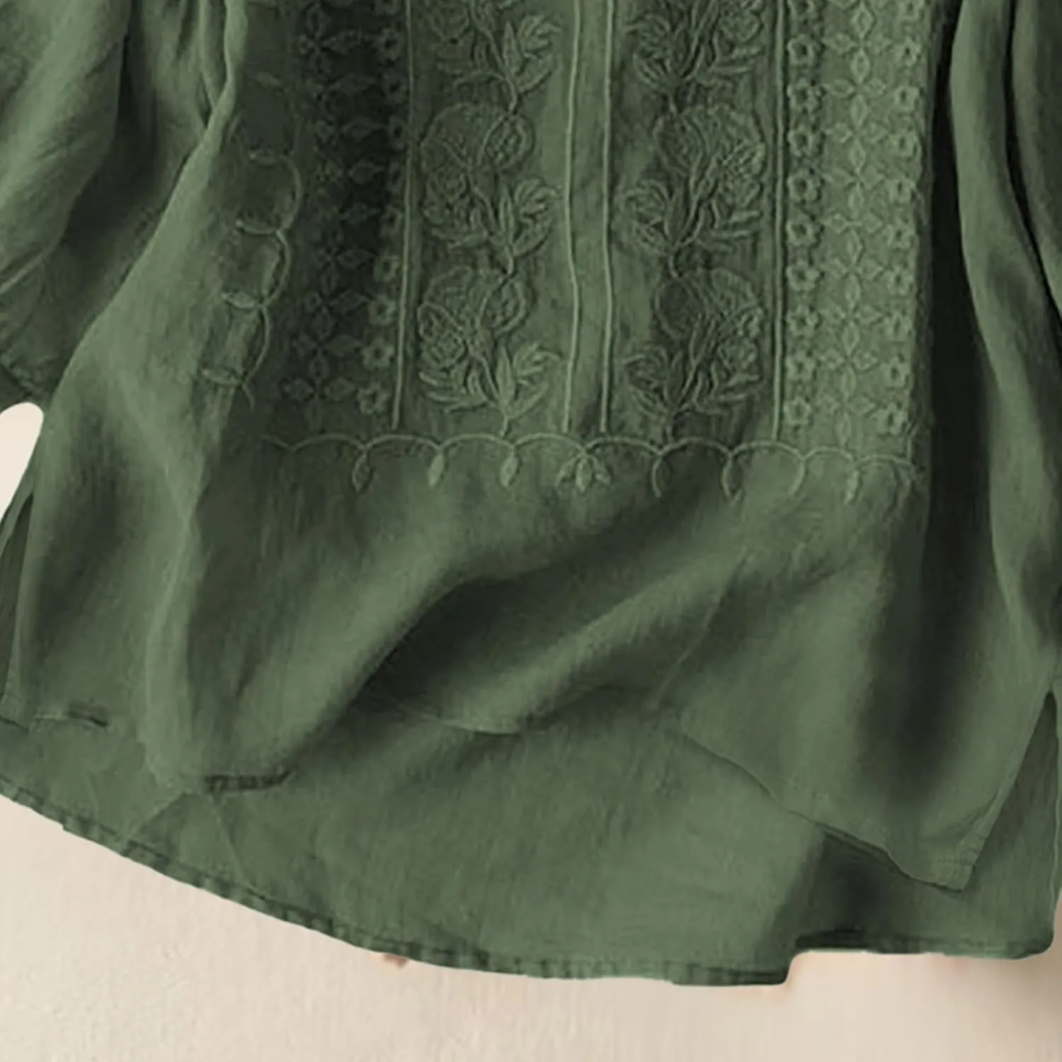Women's 3/4 Sleeve Cotton Linen Jacquard Blouses Top T-Shirt 2025 Loose Fit Crew Neck Floral Embroidery Ruched Shirt