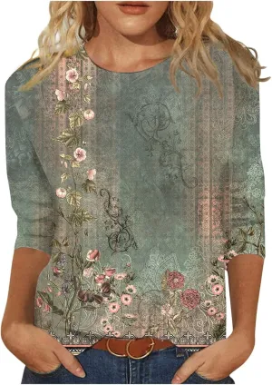 Womens 3/4 Sleeve Tops Womens Blouses Dressy Casual Loose Floral Print Pullover Tops Fall Fashion 2024