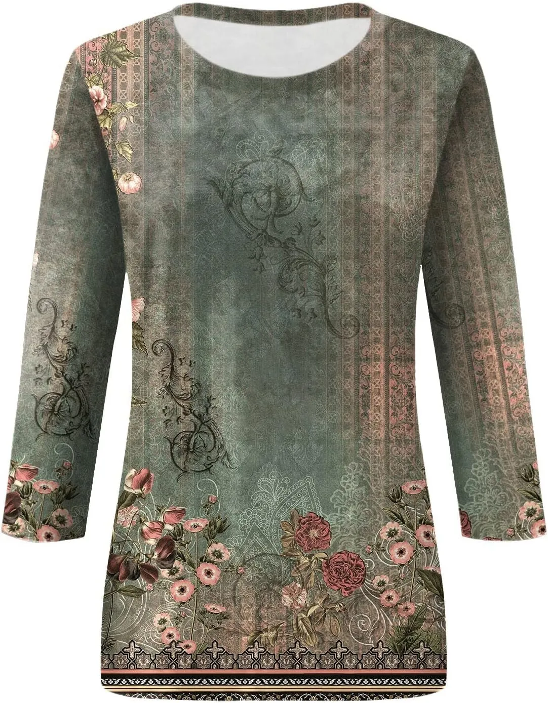 Womens 3/4 Sleeve Tops Womens Blouses Dressy Casual Loose Floral Print Pullover Tops Fall Fashion 2024