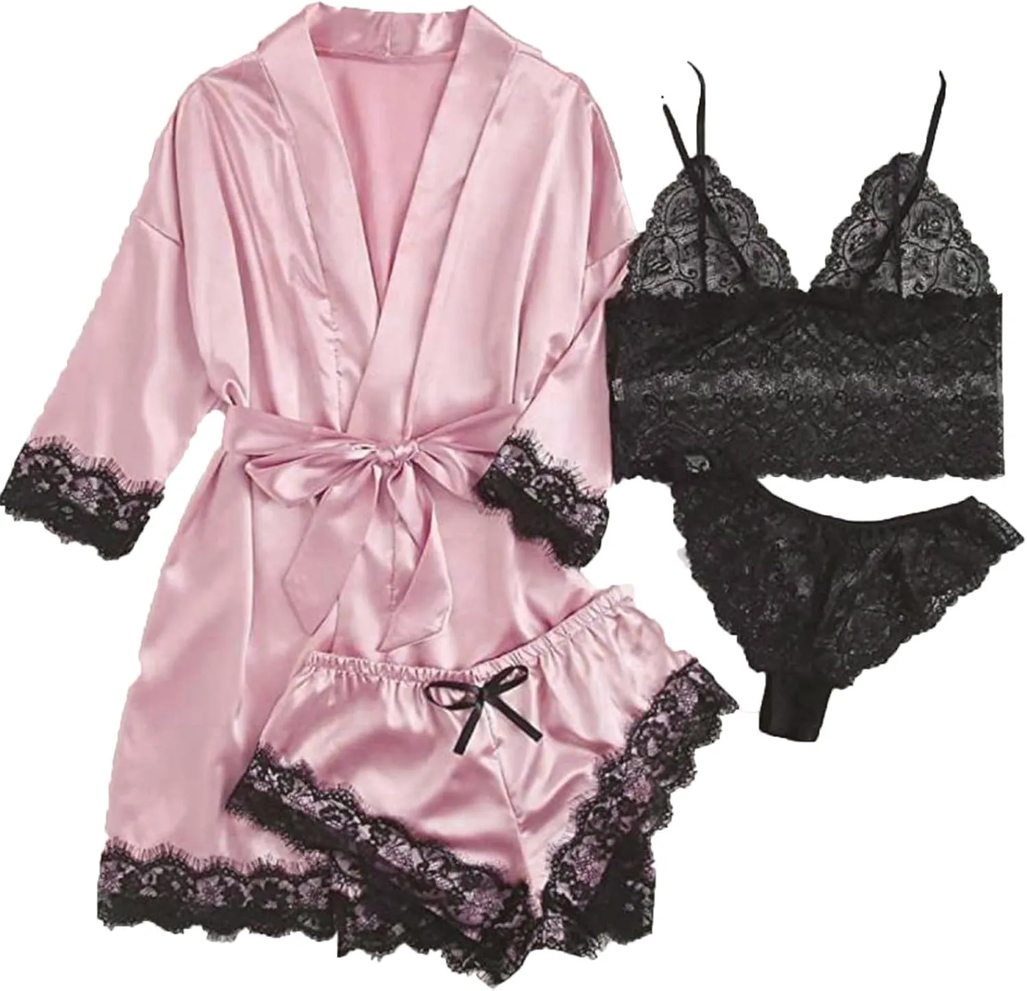 Women's 4pcs Sleepwear Silk Floral Lace Trim Cami Shorts Pajama Set with Robe Satin Sleepwear Sexy Loungewear Pjs