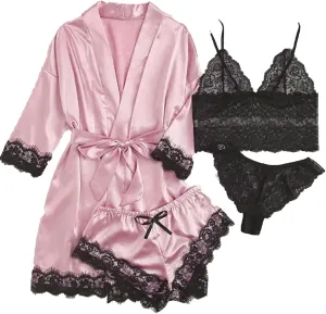 Women's 4pcs Sleepwear Silk Floral Lace Trim Cami Shorts Pajama Set with Robe Satin Sleepwear Sexy Loungewear Pjs