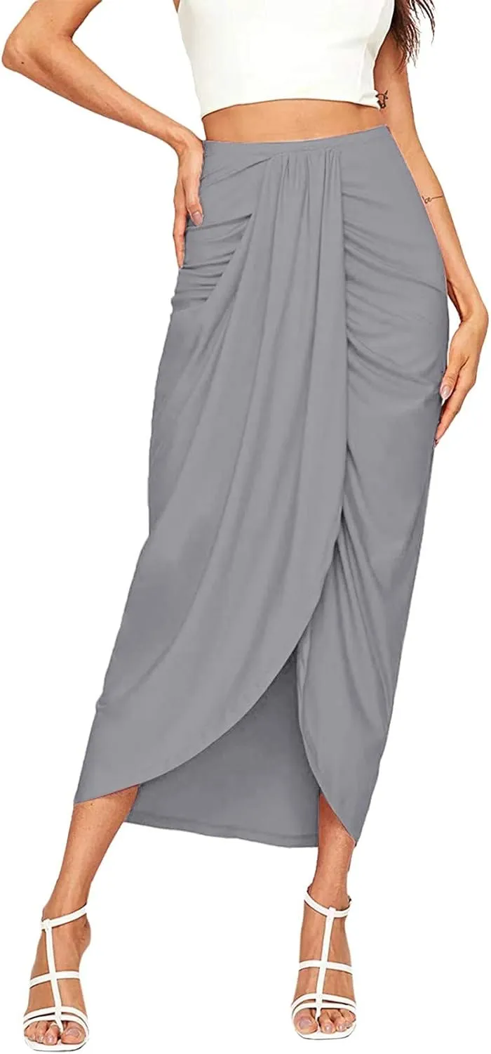 Womens A Line Midi Skirt Wrap Women's Draped Skirt High Waist Slit Solid Elastic Asymmetrical Skirts for Women
