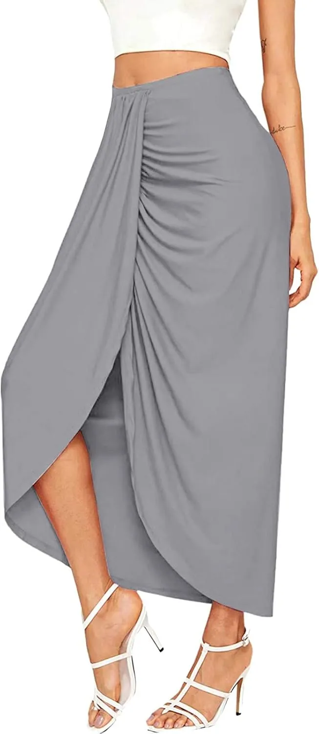 Womens A Line Midi Skirt Wrap Women's Draped Skirt High Waist Slit Solid Elastic Asymmetrical Skirts for Women