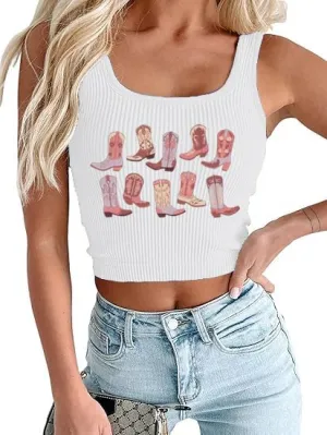 Women's Cowgirl Country Concert Sleeveless Cropped Tank Top Summer Casual Cowboy Shirt Western Graphic Top Cute Outfit