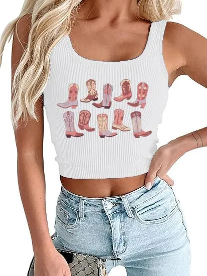 Women's Cowgirl Country Concert Sleeveless Cropped Tank Top Summer Casual Cowboy Shirt Western Graphic Top Cute Outfit