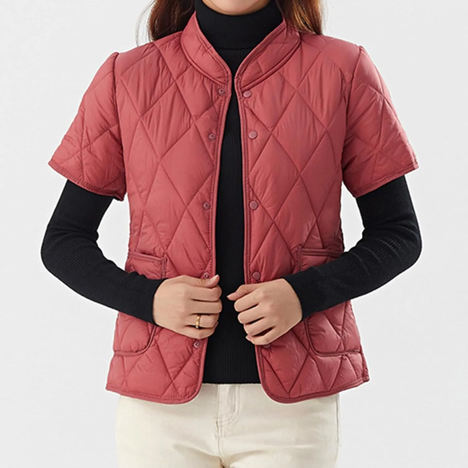 Women's Fashion Down Jacket Vests Outwear Short Sleeves Stand Collar Lightweight Oversized Puffer Vest for Women