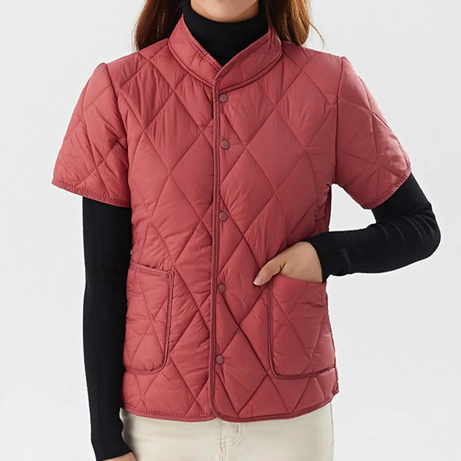 Women's Fashion Down Jacket Vests Outwear Short Sleeves Stand Collar Lightweight Oversized Puffer Vest for Women