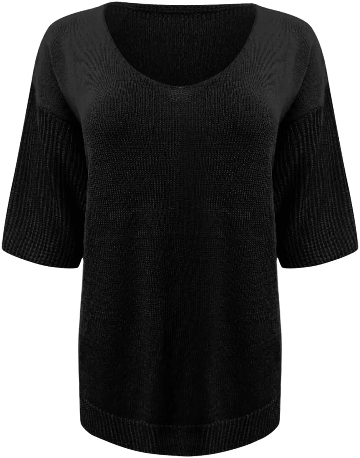 Womens Fashion Sweaters Loose V Neck 3/4 Length Sleeve Pullover Knitted Shirts Fall Solid Color Slouchy Crochet Tops