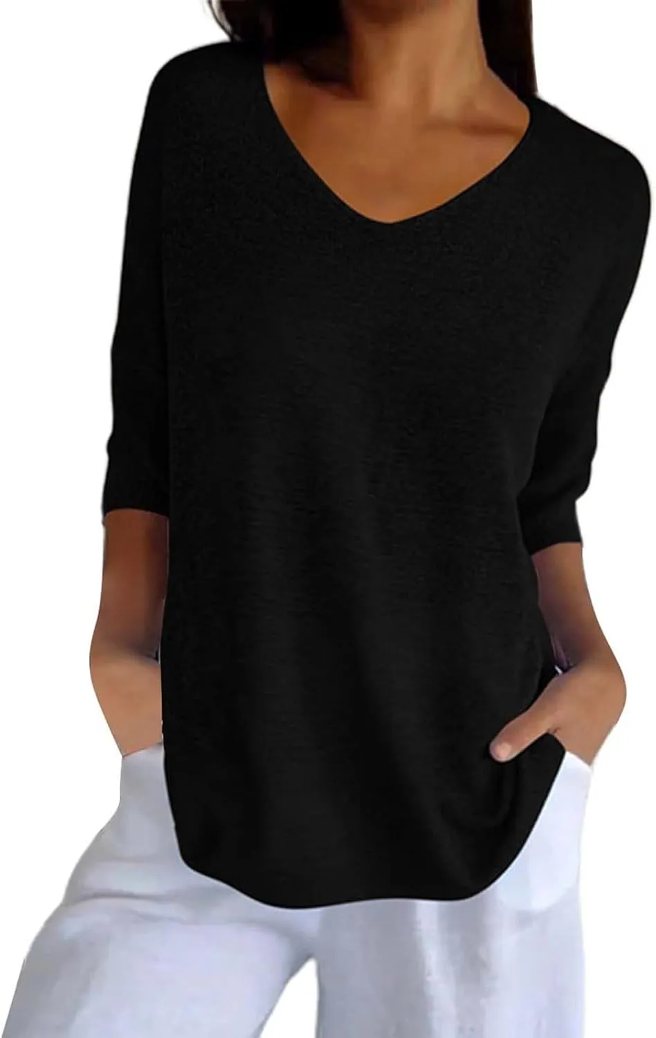 Womens Fashion Sweaters Loose V Neck 3/4 Length Sleeve Pullover Knitted Shirts Fall Solid Color Slouchy Crochet Tops