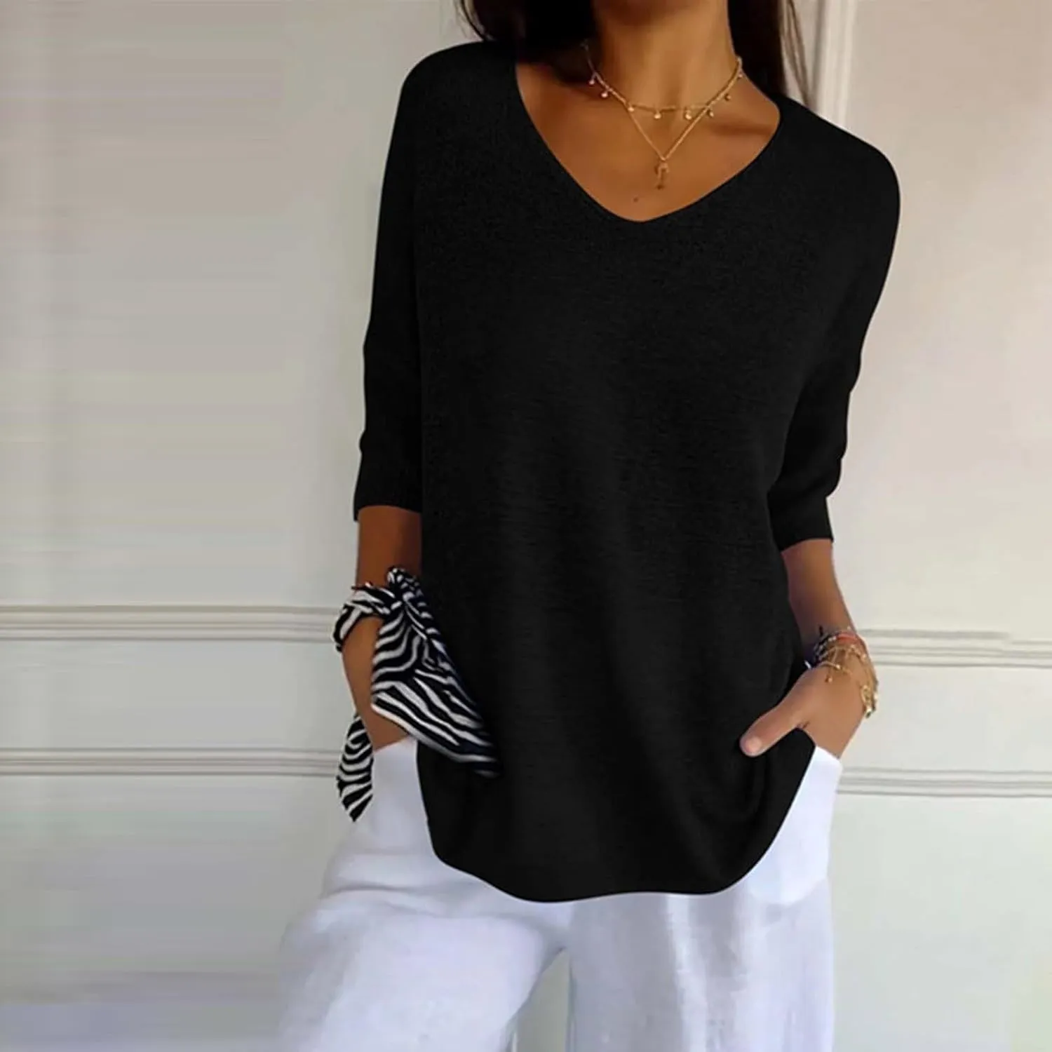 Womens Fashion Sweaters Loose V Neck 3/4 Length Sleeve Pullover Knitted Shirts Fall Solid Color Slouchy Crochet Tops