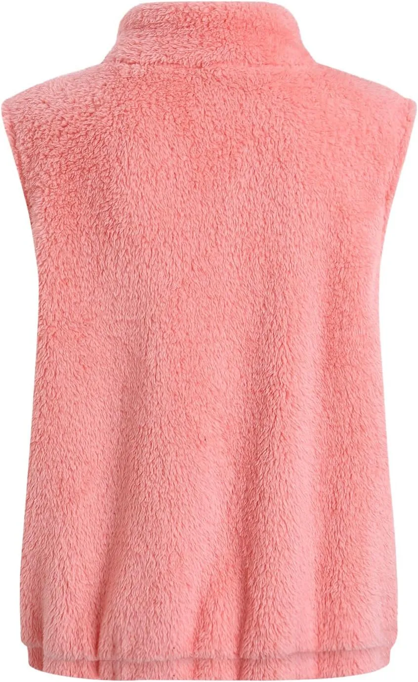 Womens Fleece Vest Lightweight Sleeveless Sherpa Jackets Casual Warm Zipper Vest Winter Outerwear with Pockets
