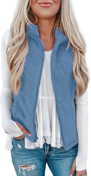 Womens Fleece Vest Lightweight Sleeveless Sherpa Jackets Casual Warm Zipper Vest Winter Outerwear with Pockets