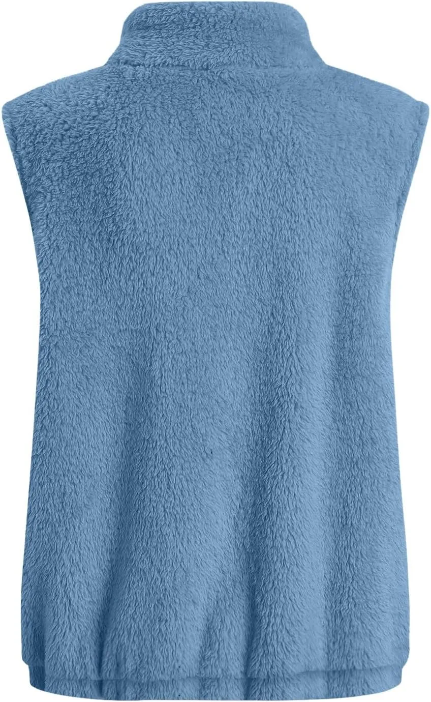 Womens Fleece Vest Lightweight Sleeveless Sherpa Jackets Casual Warm Zipper Vest Winter Outerwear with Pockets