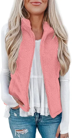 Womens Fleece Vest Lightweight Sleeveless Sherpa Jackets Casual Warm Zipper Vest Winter Outerwear with Pockets