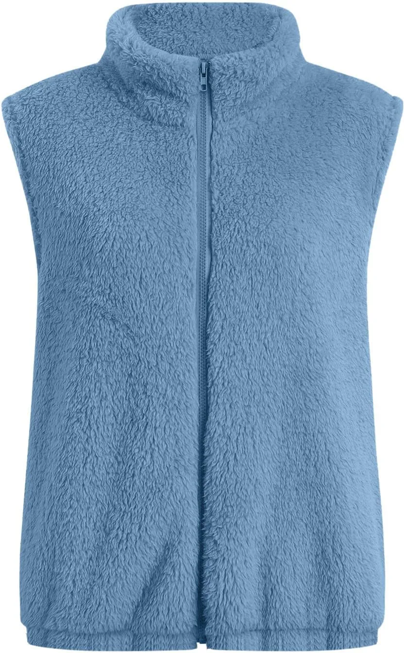Womens Fleece Vest Lightweight Sleeveless Sherpa Jackets Casual Warm Zipper Vest Winter Outerwear with Pockets