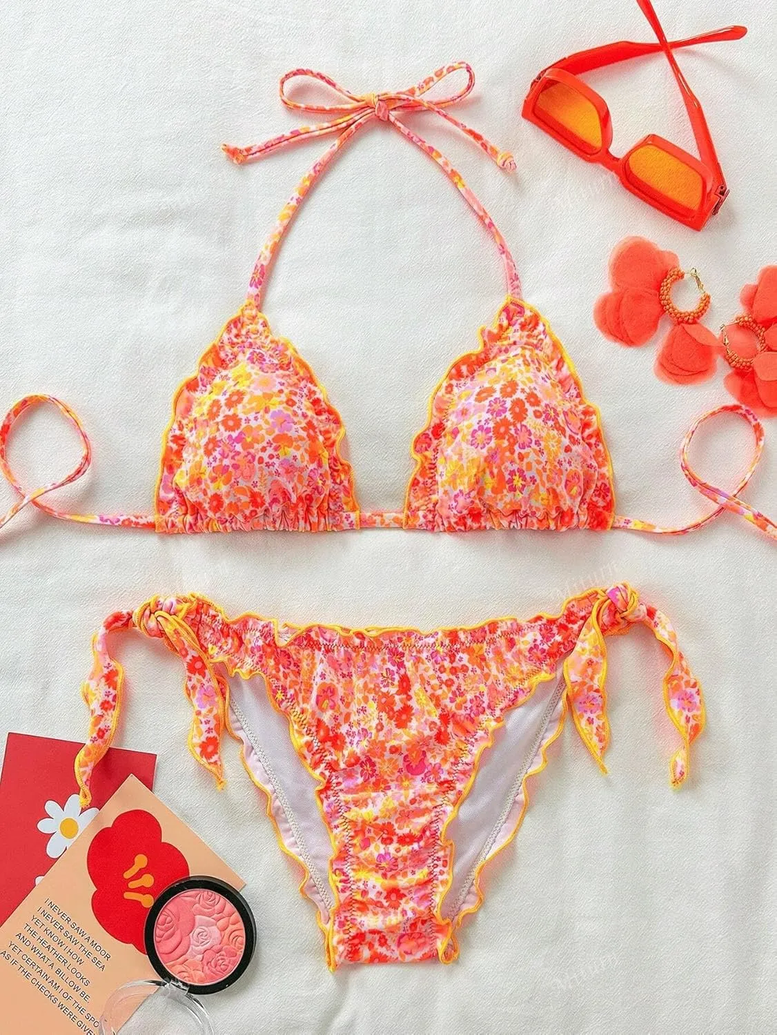 Women's Floral Print Bathing Suit Halter Tie Side Summer Swimsuit Bikinis Set