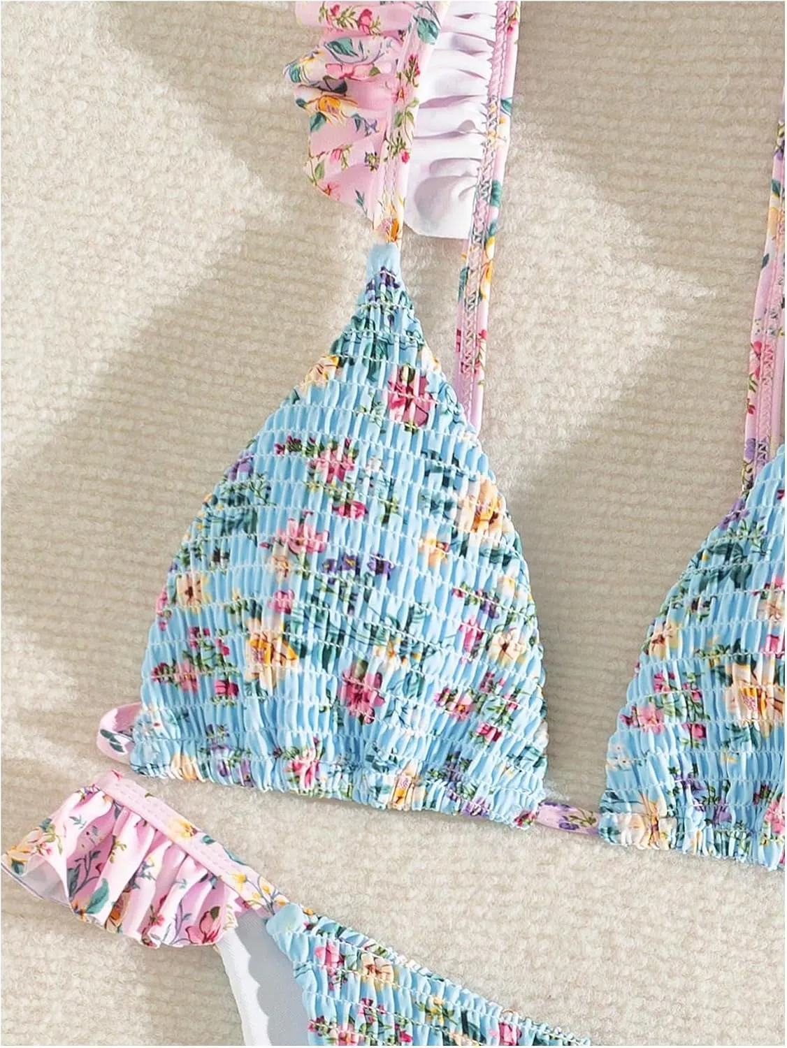 Women's Floral Shirred Bikini Sets Ruffle Trim High Cut Swimsuits Boho Bathing Suits