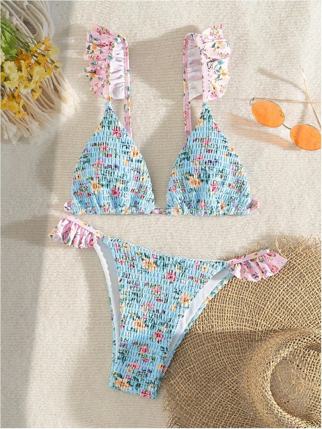 Women's Floral Shirred Bikini Sets Ruffle Trim High Cut Swimsuits Boho Bathing Suits