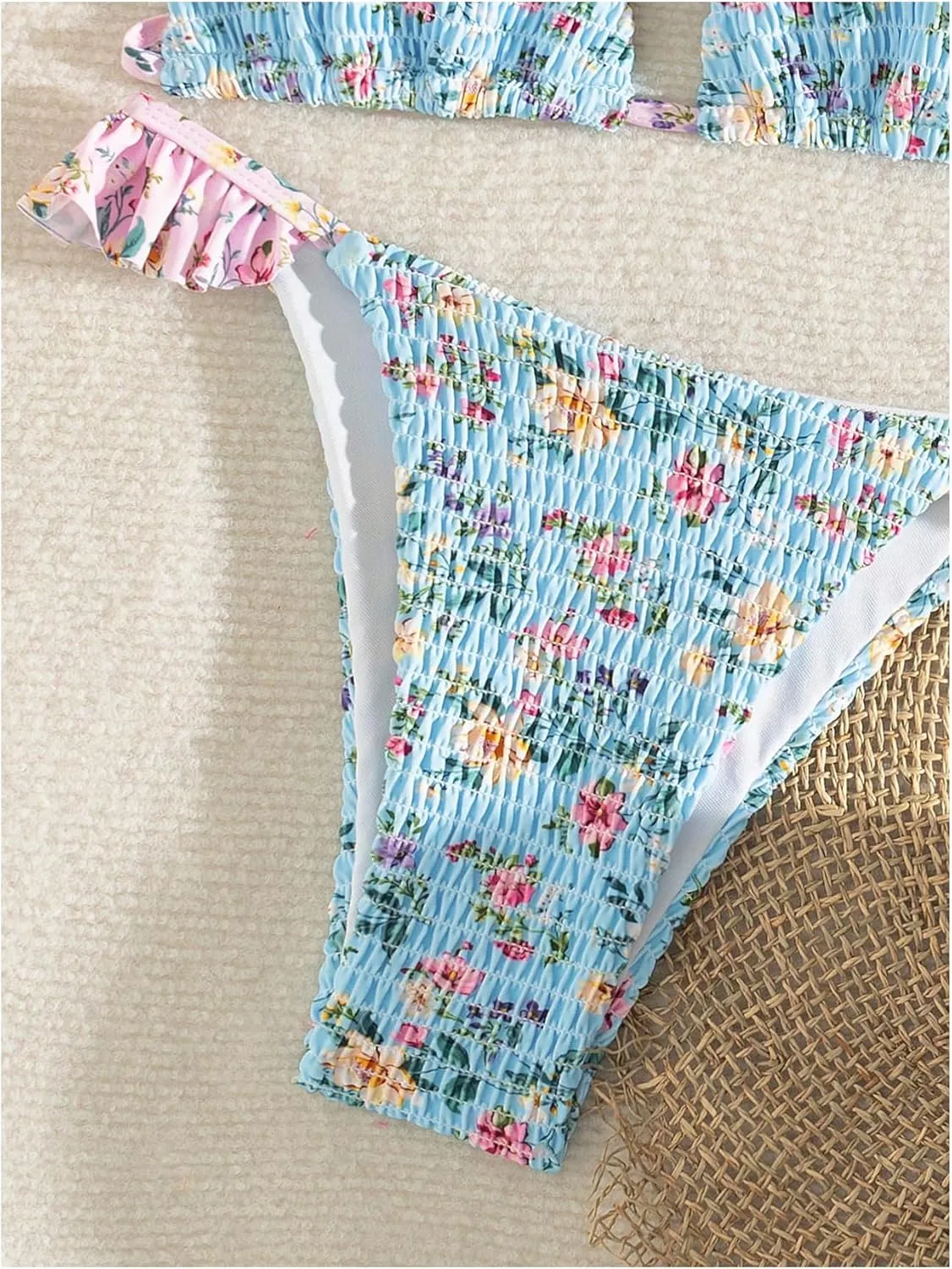 Women's Floral Shirred Bikini Sets Ruffle Trim High Cut Swimsuits Boho Bathing Suits