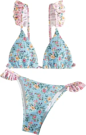 Women's Floral Shirred Bikini Sets Ruffle Trim High Cut Swimsuits Boho Bathing Suits