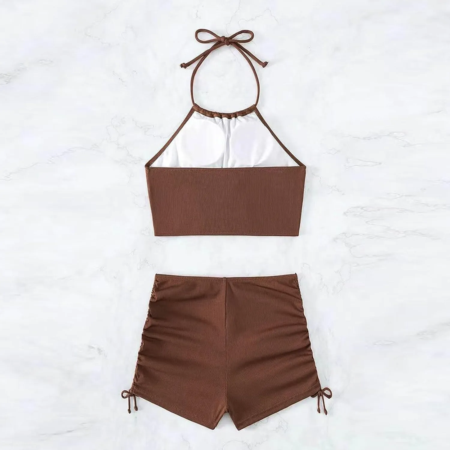 Womens Halter Crop Top Bikini Set Two Piece Drawstring High Waisted Shorts Swimsuit Rib Knitted Ruched Bathing Suit
