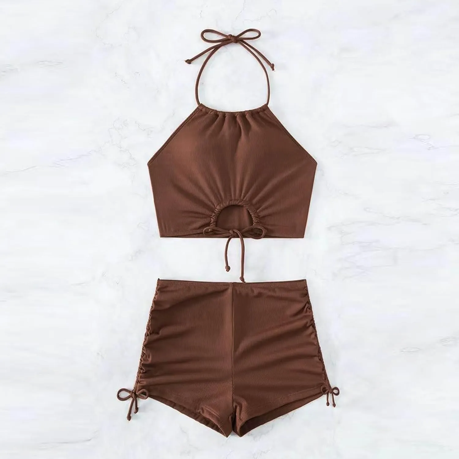 Womens Halter Crop Top Bikini Set Two Piece Drawstring High Waisted Shorts Swimsuit Rib Knitted Ruched Bathing Suit