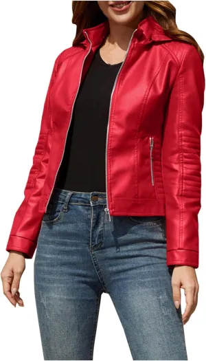 Womens Leather Jacket Lightweight Faux Suede Petite Cropped Jackets Trendy Vintage 80s Full Zip Up Motorcycle Coats