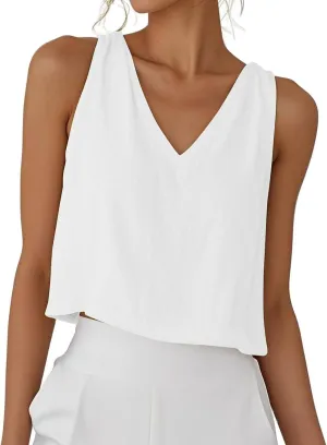 Womens Linen Crop Tank Tops Cute Summer Sleeveless Cropped Cotton Linen Tops Dressy Scoop Neck Camisole Tops