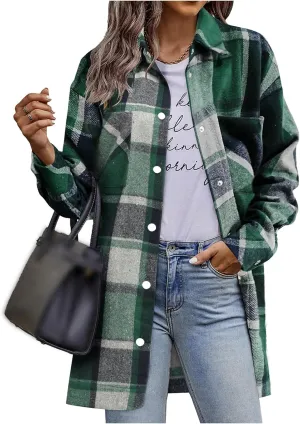 Women's Long Plaid Jacket Long Sleeve Snap Button Flannel Trench Coat Side Split Tartan Shacket Shirts with Pockets