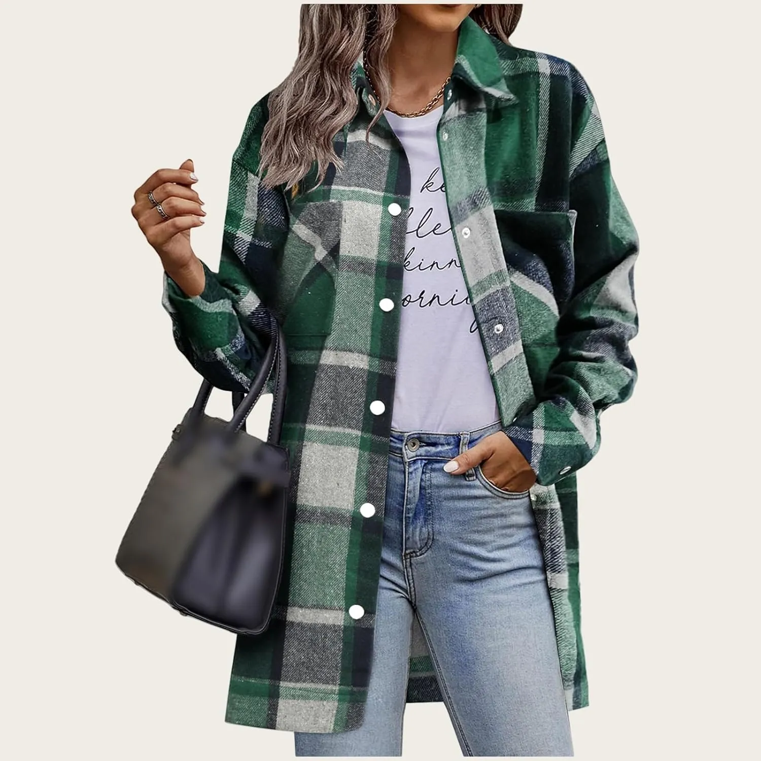 Women's Long Plaid Jacket Long Sleeve Snap Button Flannel Trench Coat Side Split Tartan Shacket Shirts with Pockets