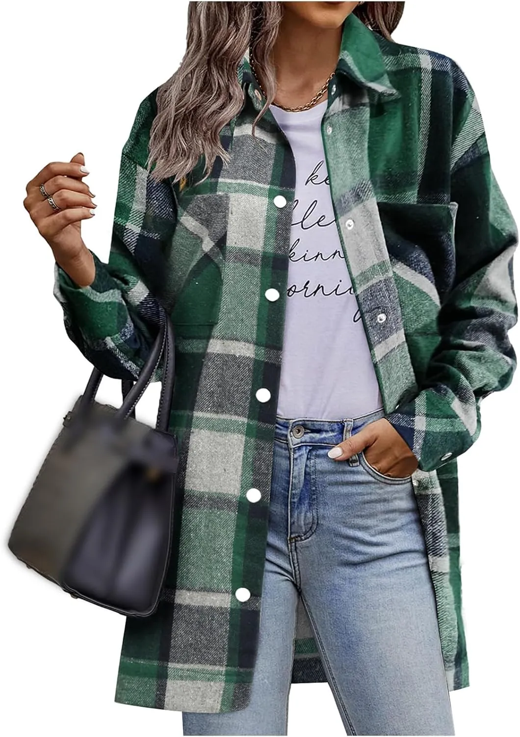 Women's Long Plaid Jacket Long Sleeve Snap Button Flannel Trench Coat Side Split Tartan Shacket Shirts with Pockets