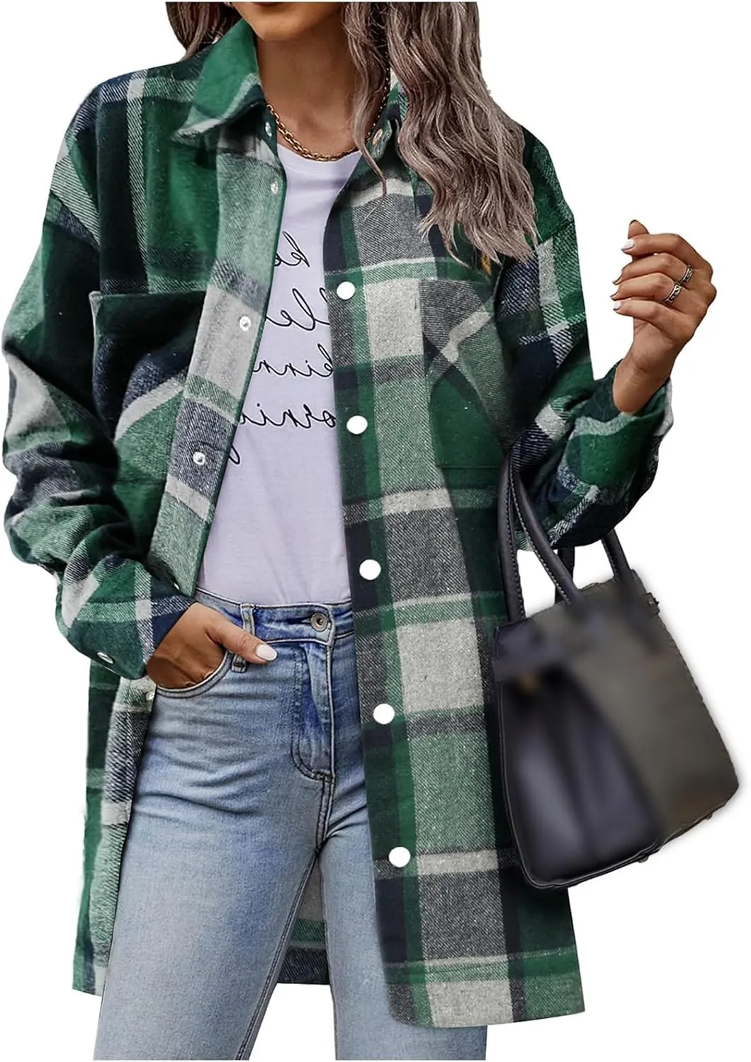 Women's Long Plaid Jacket Long Sleeve Snap Button Flannel Trench Coat Side Split Tartan Shacket Shirts with Pockets