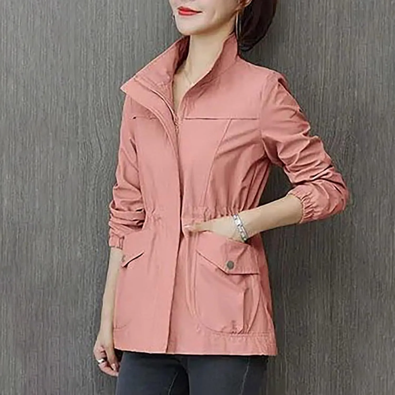 Women's Long Sleeve Fashion Solid Color Zipper Waist Slimming Mid Length Windbreaker Casual Jacket Rain Gear for