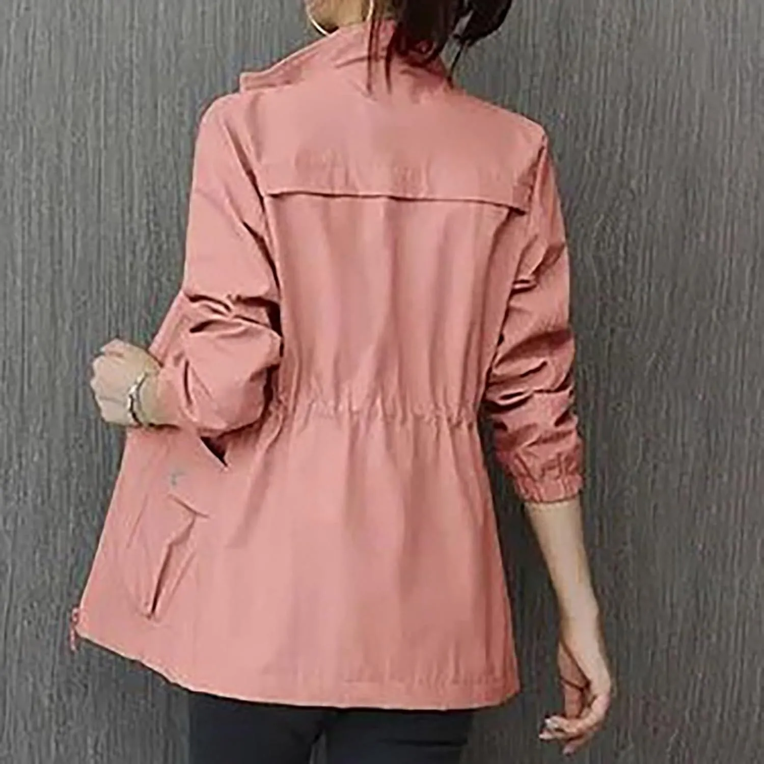 Women's Long Sleeve Fashion Solid Color Zipper Waist Slimming Mid Length Windbreaker Casual Jacket Rain Gear for