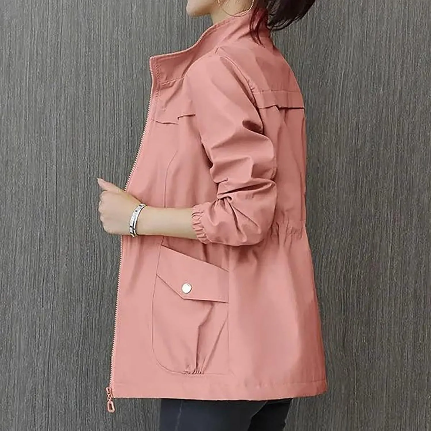 Women's Long Sleeve Fashion Solid Color Zipper Waist Slimming Mid Length Windbreaker Casual Jacket Rain Gear for