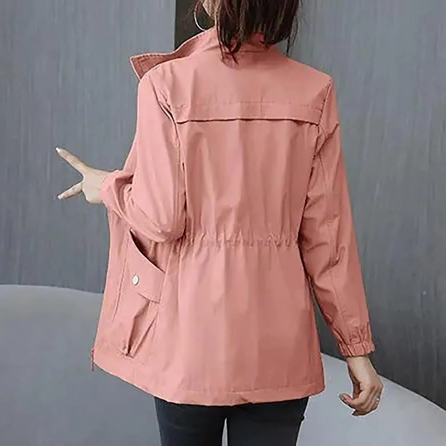 Women's Long Sleeve Fashion Solid Color Zipper Waist Slimming Mid Length Windbreaker Casual Jacket Rain Gear for