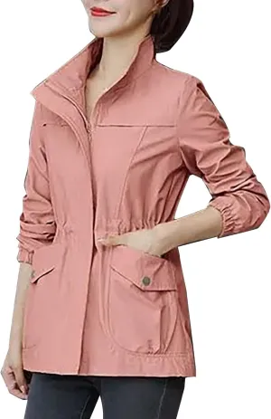 Women's Long Sleeve Fashion Solid Color Zipper Waist Slimming Mid Length Windbreaker Casual Jacket Rain Gear for