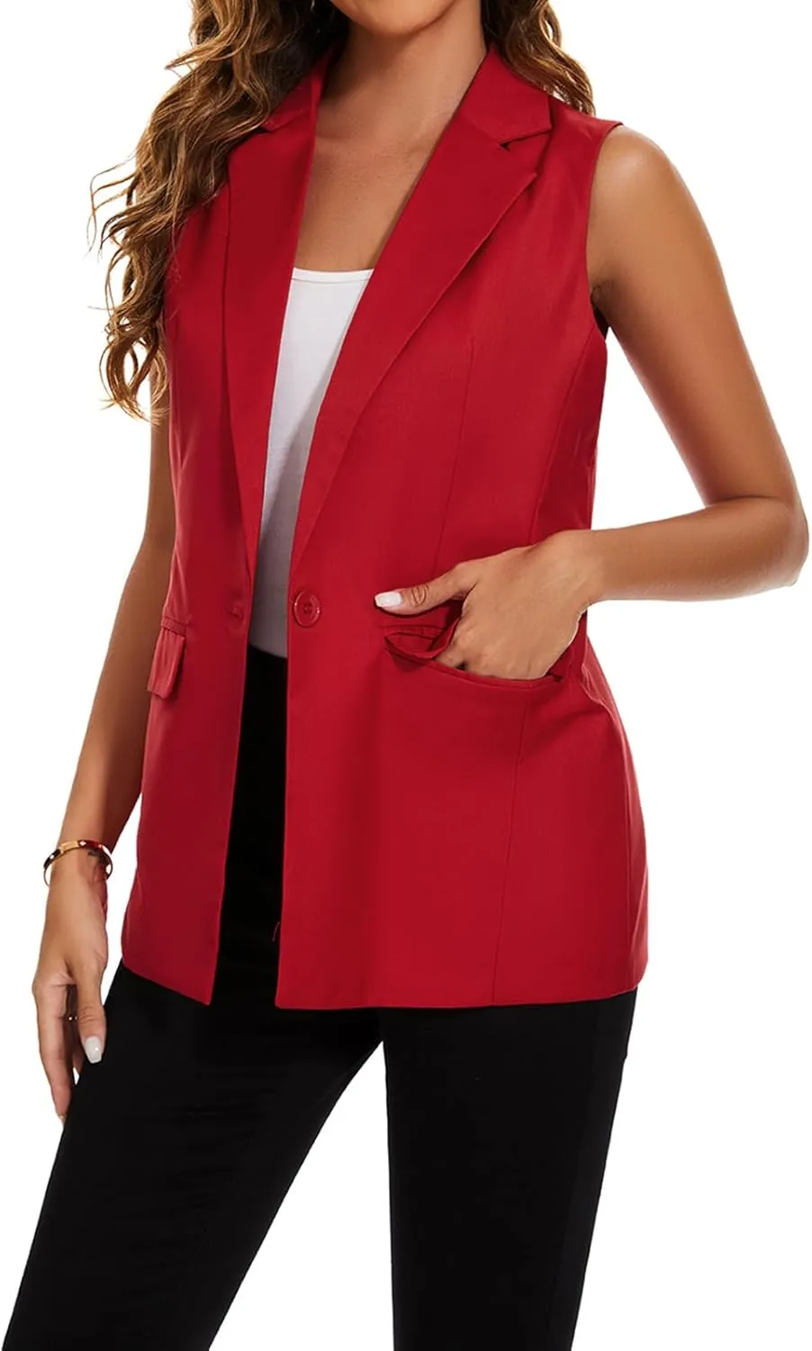Women's Longline Sleeveless Blazer Vests Casual Lapel Collar Office Button Open Front Jacket Vest Pocket