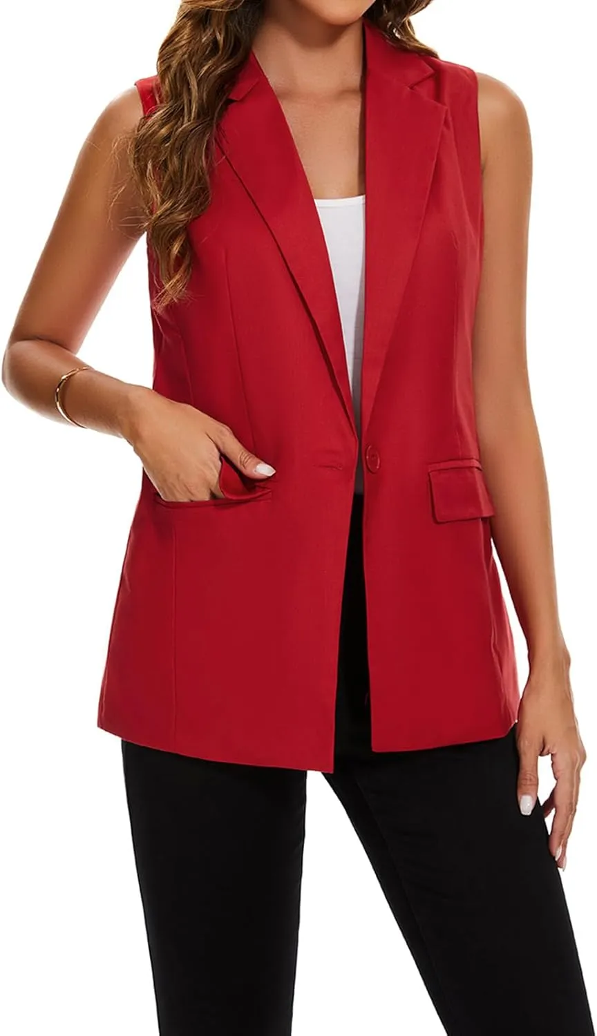 Women's Longline Sleeveless Blazer Vests Casual Lapel Collar Office Button Open Front Jacket Vest Pocket