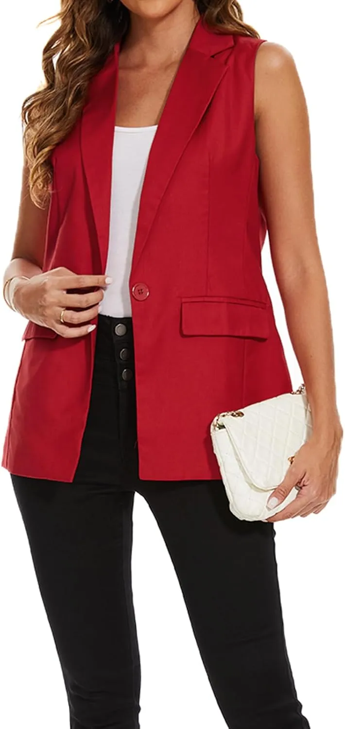 Women's Longline Sleeveless Blazer Vests Casual Lapel Collar Office Button Open Front Jacket Vest Pocket