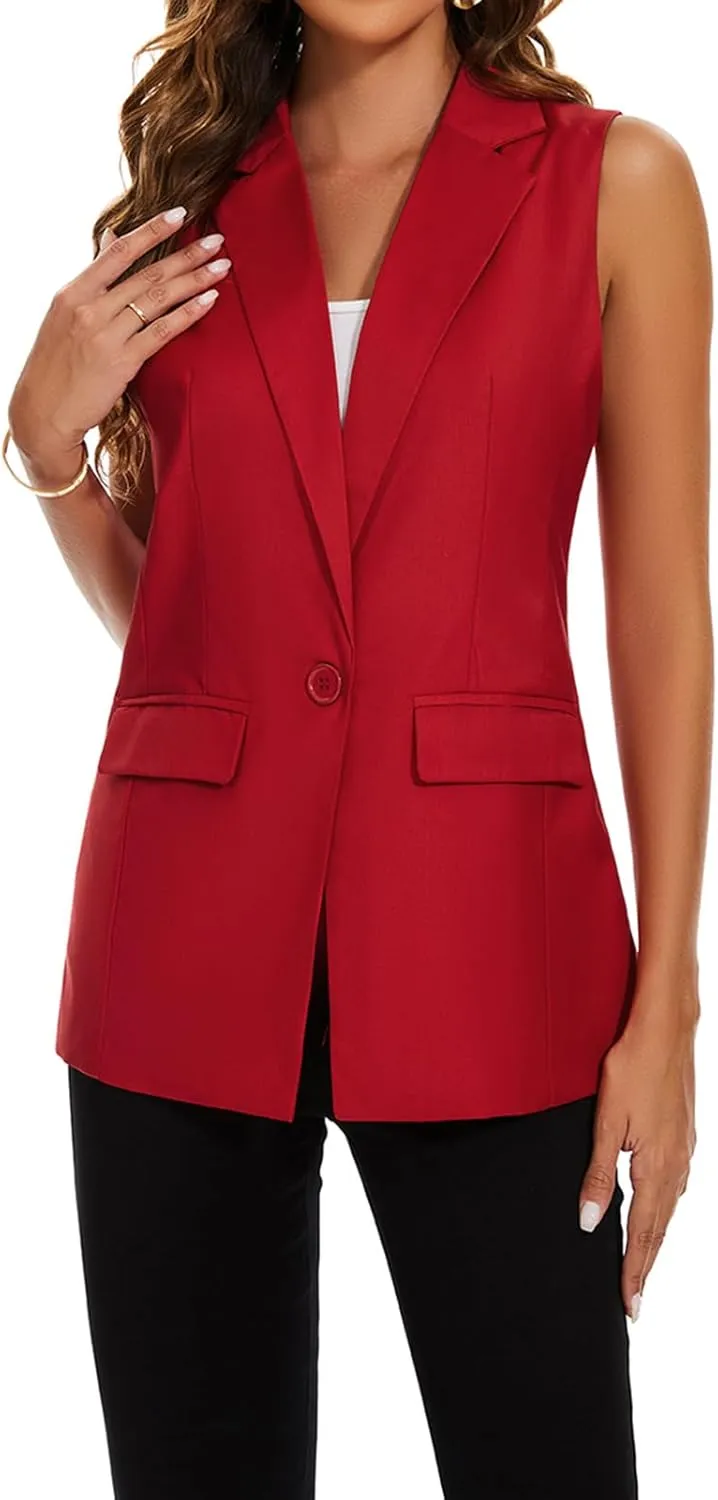 Women's Longline Sleeveless Blazer Vests Casual Lapel Collar Office Button Open Front Jacket Vest Pocket