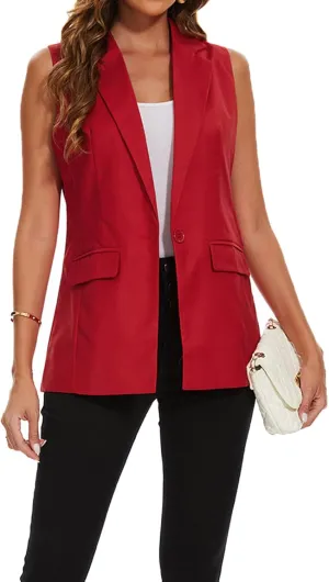 Women's Longline Sleeveless Blazer Vests Casual Lapel Collar Office Button Open Front Jacket Vest Pocket