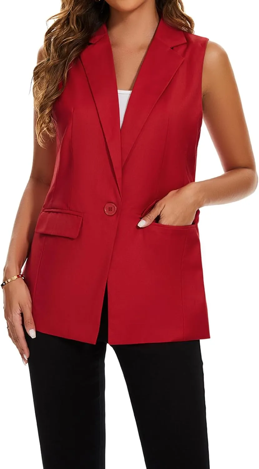 Women's Longline Sleeveless Blazer Vests Casual Lapel Collar Office Button Open Front Jacket Vest Pocket