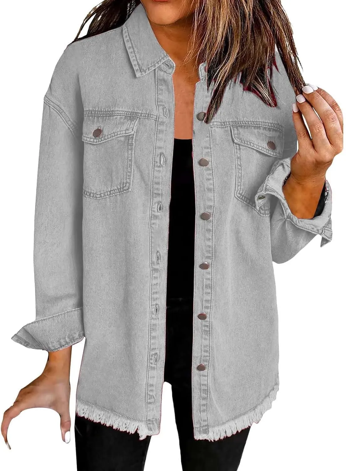 Women's Oversized Denim Jacket Lightweight Casual Long Sleeve Button Shirts Distressed Jean Jacket 2025 Fall Outfits