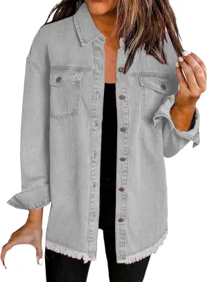 Women's Oversized Denim Jacket Lightweight Casual Long Sleeve Button Shirts Distressed Jean Jacket 2025 Fall Outfits