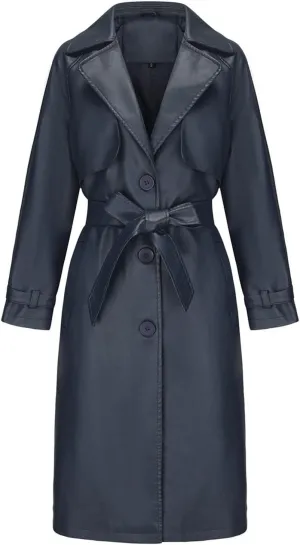 Womens PU Faux Leather Jacket Casual Lapel Long Suit Trench Coat Outerwear Leather Mid Long Jacket Coat with Pockets