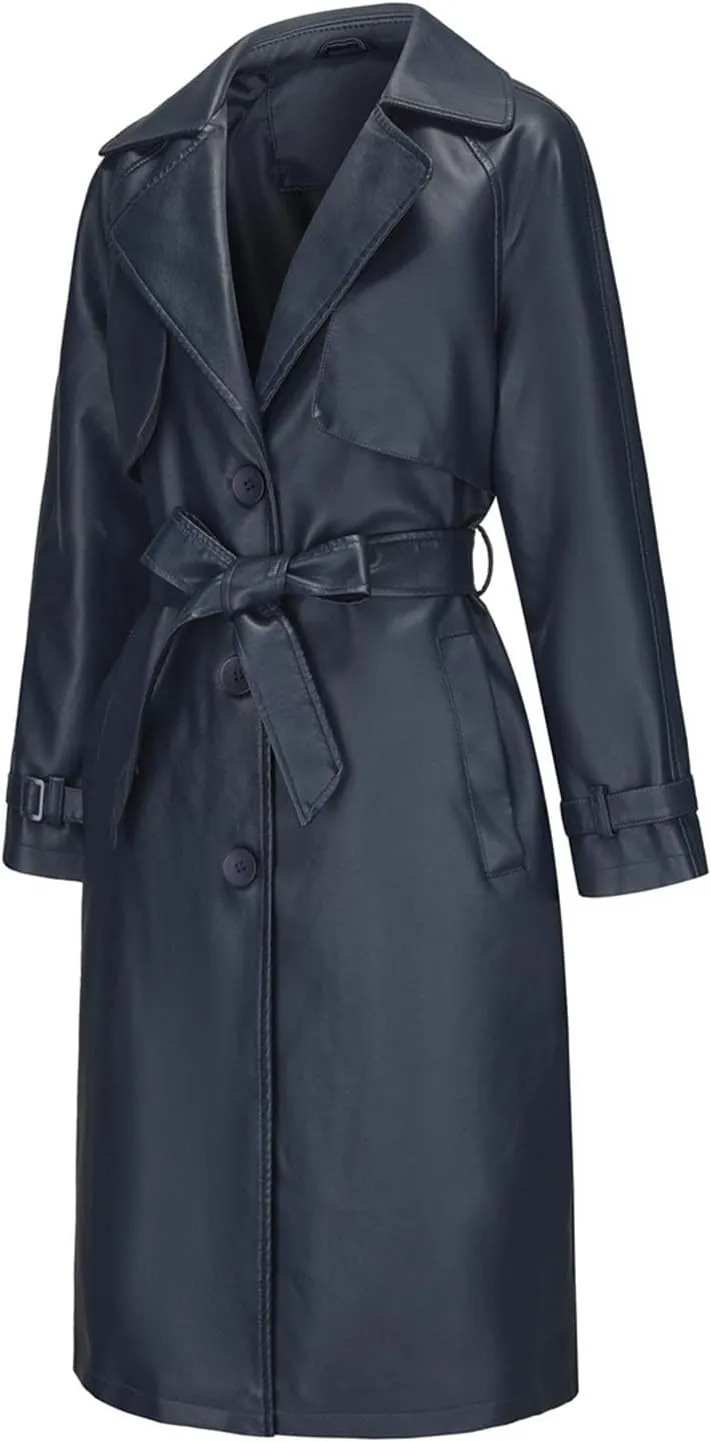 Womens PU Faux Leather Jacket Casual Lapel Long Suit Trench Coat Outerwear Leather Mid Long Jacket Coat with Pockets